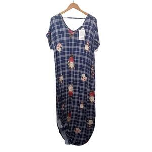 Lularoe Macy Maxi Dress Large Navy Blue Floral Long Stretch Knit Comfort Casual